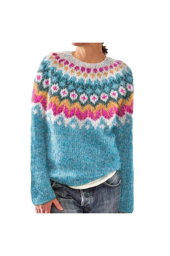 Sweaters for Women Cozy Women's Knitted Isle Print Retro Sweater Casual Loose Crewneck Long Sleeve Cropped Pullover Tops Fall Sweaters