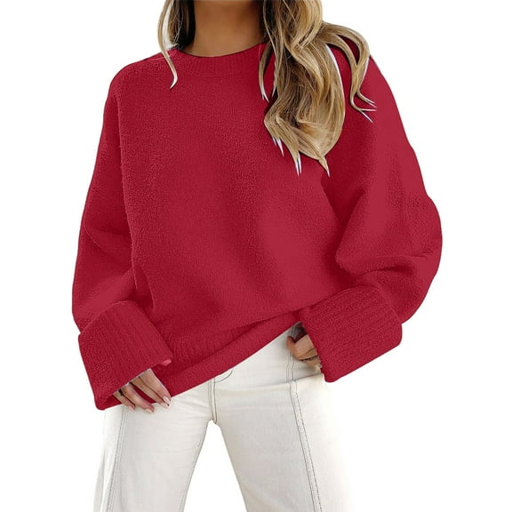 Bovemsi Sweaters for Women Cozy Women's Round Neck Long Sleeve Solid Color Pullover Sweater Fashion Loose Top Fall Sweaters