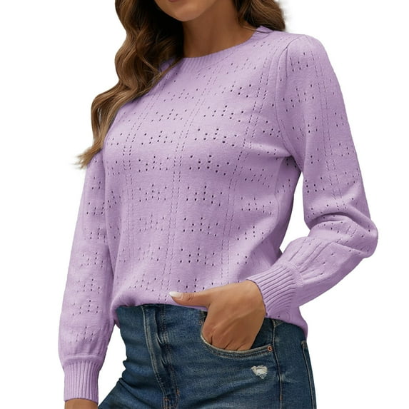 Bovemsi Sweaters for Women Cozy Women's Round Neck Solid Color Hollowed Out Core Spun Yarn Bottom Sweater With Long Sleeves Fall Sweaters