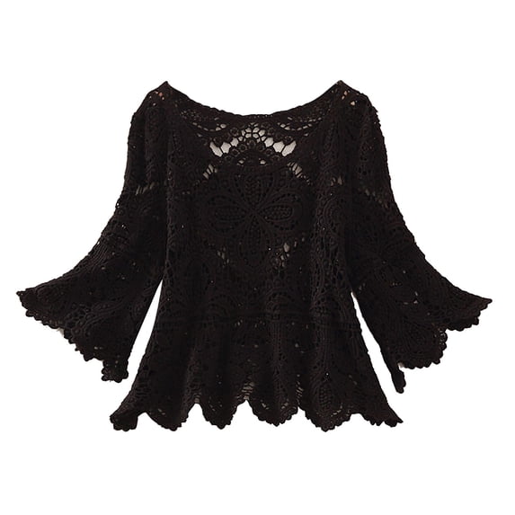 Bovemsi Sweaters for Women Cozy Women's Short Crochet Cut Out Five Quarter Sleeve Top Skirt With Smock Fall Sweaters