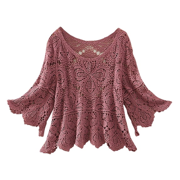 Bovemsi Sweaters for Women Cozy Women's Short Crochet Cut Out Five Quarter Sleeve Top Skirt With Smock Fall Sweaters