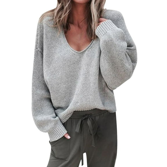 Bovemsi Sweaters for Women Cozy Women's Solid Color Autumn And Winter V Neck Oversized Knitted Casual Fashion Pullover Fall Sweaters