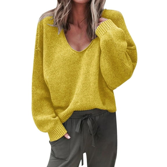 Bovemsi Sweaters for Women Cozy Women's Solid Color Autumn And Winter V Neck Oversized Knitted Casual Fashion Pullover Fall Sweaters