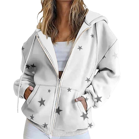 Bovemsi Sweatshirt for Women Autumn And Winter Zipper Loose Star Pattern Zip Up Hoodie