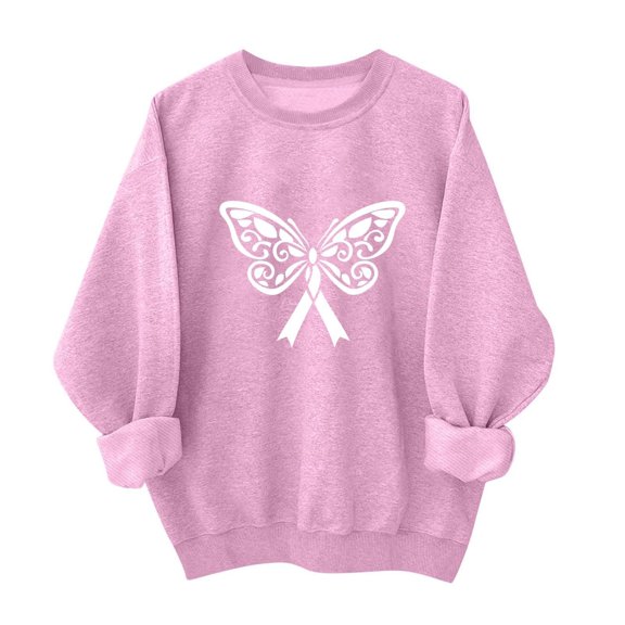 Bovemsi Sweatshirt for Women Breast Cancer Awareness Funny Long Sleeve Ribbon Graphic Support Tops for Women TrendyL