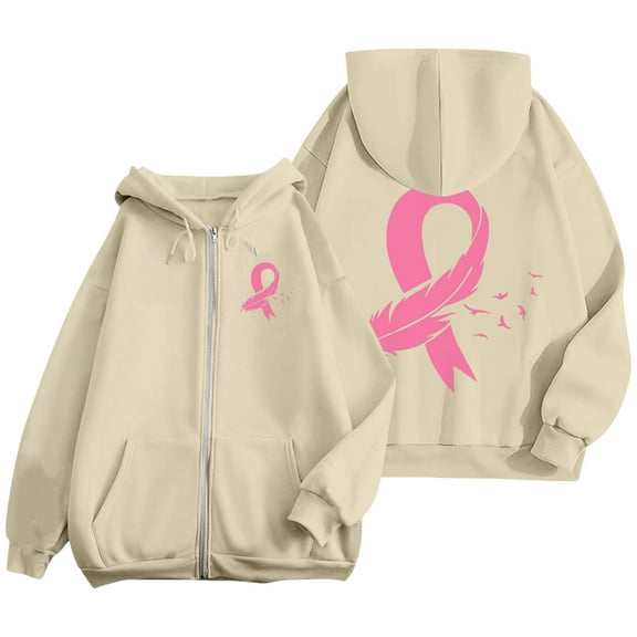 Bovemsi Sweatshirt for Women Breast Cancer Awareness Hoodies Ribbon Graphic Full Zip Up Oversized Fleece Jackets Clothes Zip Up Hoodie