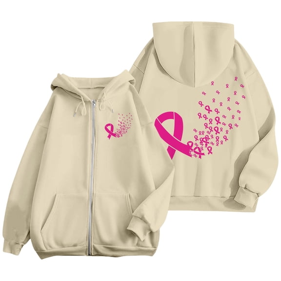 Bovemsi Sweatshirt for Women Breast Cancer Awareness Hoodies Ribbon Graphic Full Zip Up Oversized Fleece Jackets Clothes Zip Up Hoodie