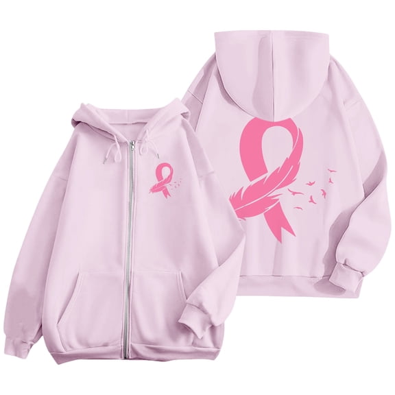 Bovemsi Sweatshirt for Women Breast Cancer Awareness Hoodies Ribbon Graphic Full Zip Up Oversized Fleece Jackets Clothes Zip Up Hoodie