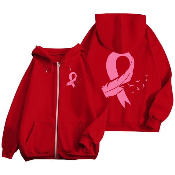 Bovemsi Sweatshirt for Women Breast Cancer Awareness Hoodies Ribbon Graphic Full Zip Up Oversized Fleece Jackets Clothes Zip Up Hoodie