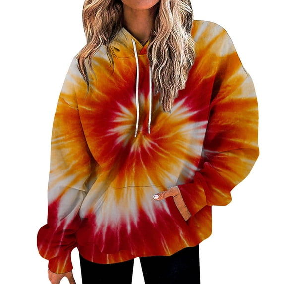 Bovemsi Sweatshirt for Women Long Sleeved Tie Dye Printed Casual Sportswear With Pockets Comfort Hoodie