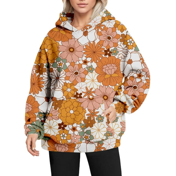 Bovemsi Sweatshirt for Women Retro Fashion Print Loose Large Sized Casual Long Sleeved Hoodie Comfort Hoodie