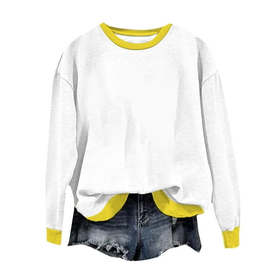 Bovemsi Sweatshirts for Women Trendy Contrasting Color Casual Long Sleeved Round Neck Sweatshirt White Sweatshirt