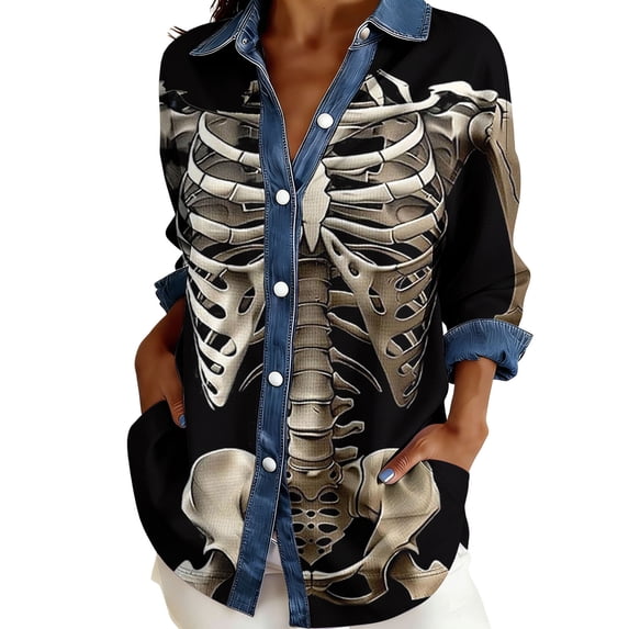 Bovemsi T Shirts for Women Comfort Denim Collar Front Patchwork Long Sleeve Button Detail Tops for Women Trendy XXL