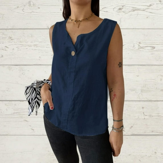 Bovemsi Tank Tops for Women 2025 Summer Cotton Linen Shirts Solid Color Casual Loose Sleeveless Vest Tunic Tops, Blue Women's Summer Tank Tops, L