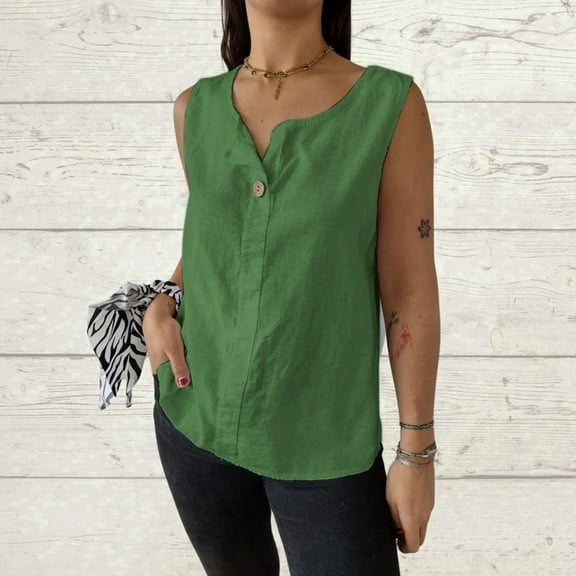 Bovemsi Tank Tops for Women 2025 Summer Cotton Linen Shirts Solid Color Casual Loose Sleeveless Vest Tunic Tops, Green Women's Summer Tank Tops, M