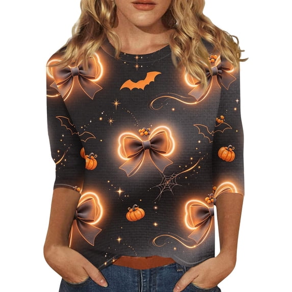 Bovemsi Tops for Women Trendy Soft Round‑Neck 3/4‑Sleeve Printed Blouse Fashion Outfits Clothes XXL