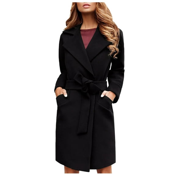 Bovemsi Trench Coats Women Peacoat Coat Casual Mid Long Overcoat Lapel Open Front Cardigan Outwear Woolen Fleece Winter With Belt Fall Winter Clothes XL