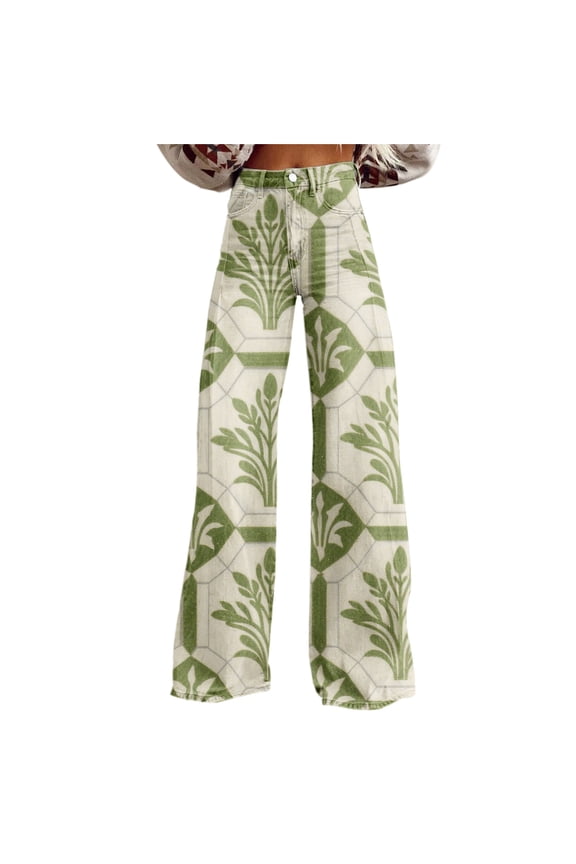 Wide Leg Pants Woman High Waist Patterned Lightweight Loose Fit Casual Colorful Trouser Imitation Jeans Travel Pants