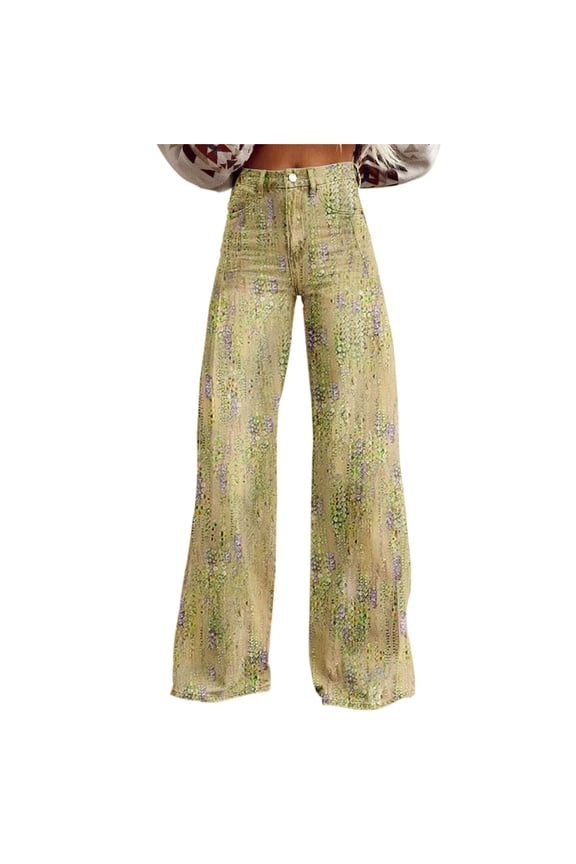 Wide Leg Pants Woman High Waist Patterned Lightweight Loose Fit Casual Colorful Trouser Jeans Travel Pants