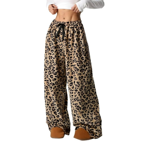 Bovemsi Wide Leg Pants Woman Leopard Print High Waisted Baggy Trousers Fuzzy Pajama Sleepwear Travel Pants