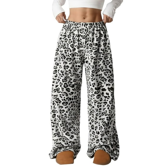 Bovemsi Wide Leg Pants Woman Leopard Print High Waisted Baggy Trousers Fuzzy Pajama Sleepwear Travel Pants
