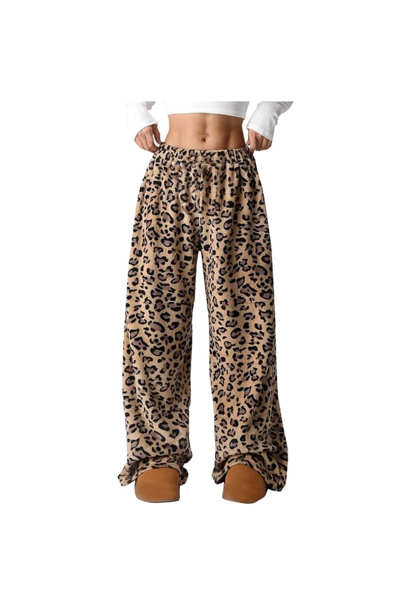 Wide Leg Pants Woman Leopard Print High Waisted Baggy Trousers Fuzzy Pajama Sleepwear Travel Pants