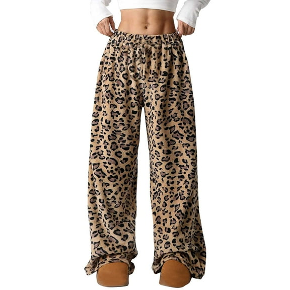 Bovemsi Wide Leg Pants Woman Leopard Print High Waisted Baggy Trousers Fuzzy Pajama Sleepwear Travel Pants