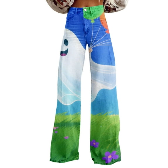 Bovemsi Wide Leg Pants Woman Women's Spring Autumn Halloween Pumpkin Print Casual Travel Pants