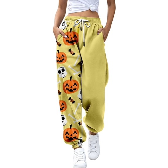 Bovemsi Wide Leg Pants for Women 3D Digital Halloween Printed Casual Sport Pants Fashion Outfits Clothes XXXXL Yellow