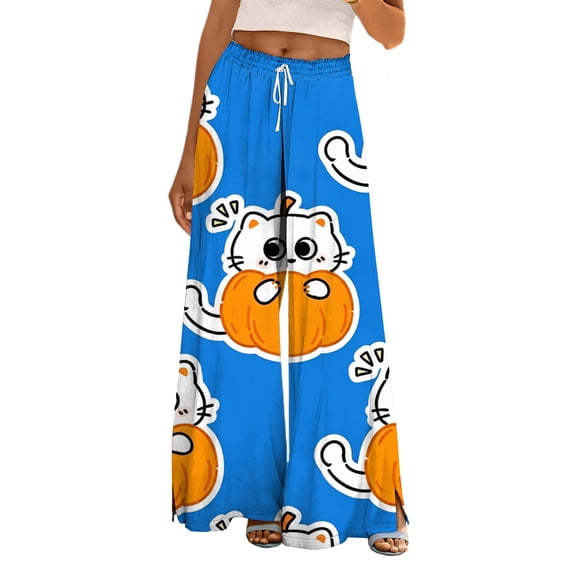 Bovemsi Wide Leg Pants for Women Printed Casual Pants, Wide Elastic Waist Trousers With Pockets Fashion Outfits Clothes XL Blue