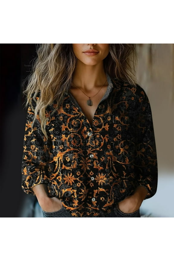 Women Cotton Shirt Printed Fashion Down Shirts Casual Tops Long Sleeve Blouse, Black Women's Summer Shirts, XL
