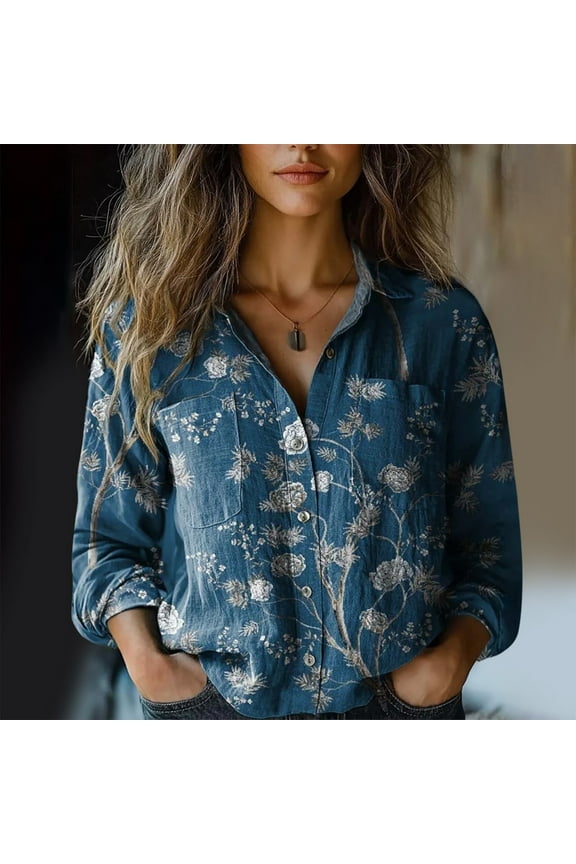 Women Cotton Shirt Printed Fashion Down Shirts Casual Tops Long Sleeve Blouse, Blue Women's Summer Shirts, M