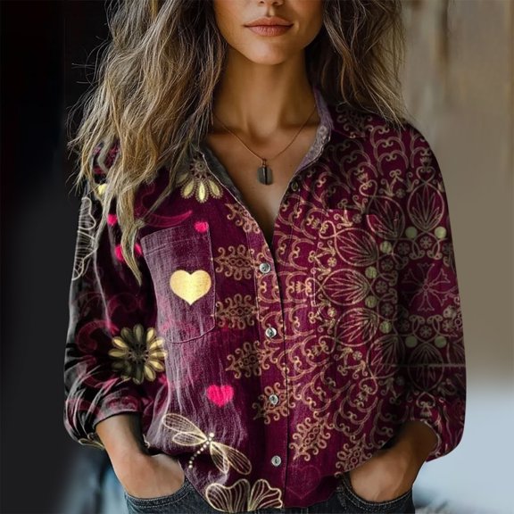 Bovemsi Women Cotton Shirt Printed Fashion Down Shirts Casual Tops Long Sleeve Blouse, Purple Women's Summer Shirts, XL