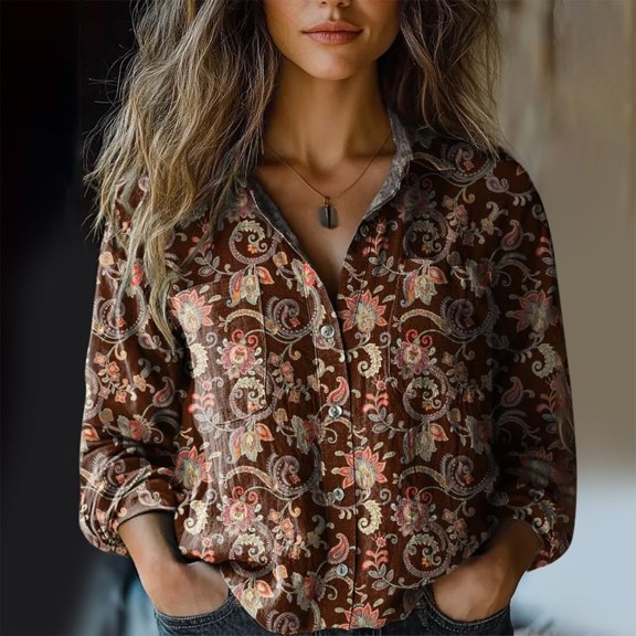 Bovemsi Women Cotton Shirt Printed Fashion Down Shirts Casual Tops Long Sleeve Blouse, Red Women's Summer Shirts, S