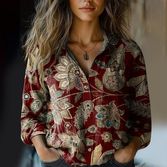 Bovemsi Women Cotton Shirt Printed Fashion Down Shirts Casual Tops Long Sleeve Blouse, Red Women's Summer Shirts, XL