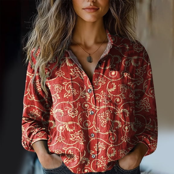 Bovemsi Women Cotton Shirt Printed Fashion Down Shirts Casual Tops Long Sleeve Blouse, Red Women's Summer Shirts, XL