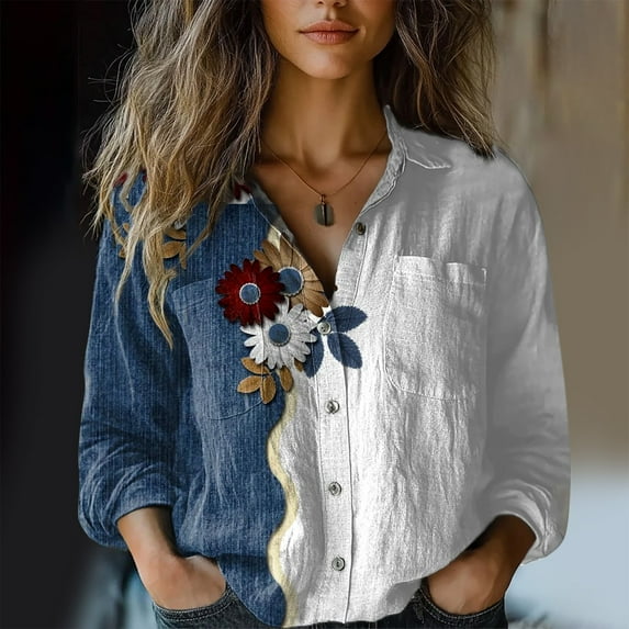 Bovemsi Women Cotton Shirt Printed Fashion Down Shirts Casual Tops Long Sleeve Blouse, White Women's Summer Shirts, S