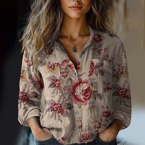 Bovemsi Women Cotton Shirt Printed Fashion Down Shirts Casual Tops Long Sleeve Blouse, Yellow Women's Summer Shirts, L