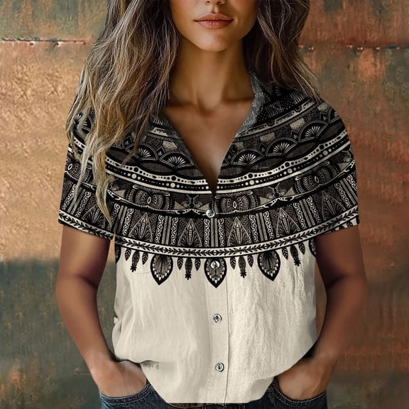 Bovemsi Women Cotton Shirt Printed Fashion Down Shirts Casual Tops Short Sleeve Blouse, Beige Women's Summer Shirts, 3XL