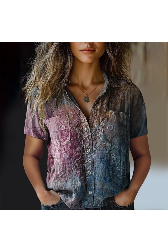 Women Cotton Shirt Printed Fashion Down Shirts Casual Tops Short Sleeve Blouse, Blue Women's Summer Shirts, L