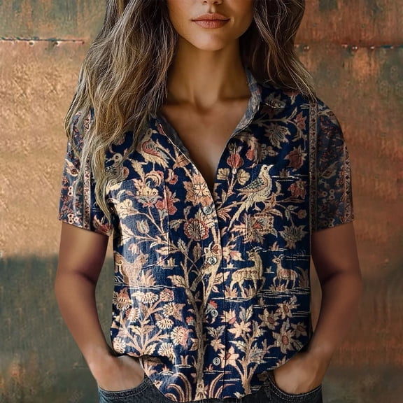 Bovemsi Women Cotton Shirt Printed Fashion Down Shirts Casual Tops Short Sleeve Blouse, Blue Women's Summer Shirts, S