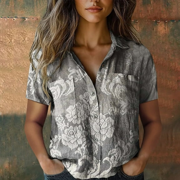 Bovemsi Women Cotton Shirt Printed Fashion Down Shirts Casual Tops Short Sleeve Blouse, Gray Women's Summer Shirts, 4XL