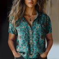 thumbnail image 1 of Bovemsi Women Cotton Shirt Printed Fashion Down Shirts Casual Tops Short Sleeve Blouse, Green Women's Summer Shirts, M, 1 of 4