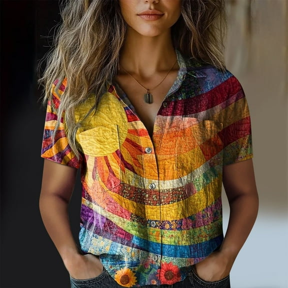 Bovemsi Women Cotton Shirt Printed Fashion Down Shirts Casual Tops Short Sleeve Blouse, Multi-Color Women's Summer Shirts, L