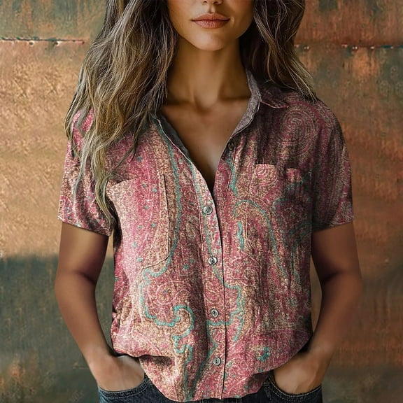 Bovemsi Women Cotton Shirt Printed Fashion Down Shirts Casual Tops Short Sleeve Blouse, Pink Women's Summer Shirts, S