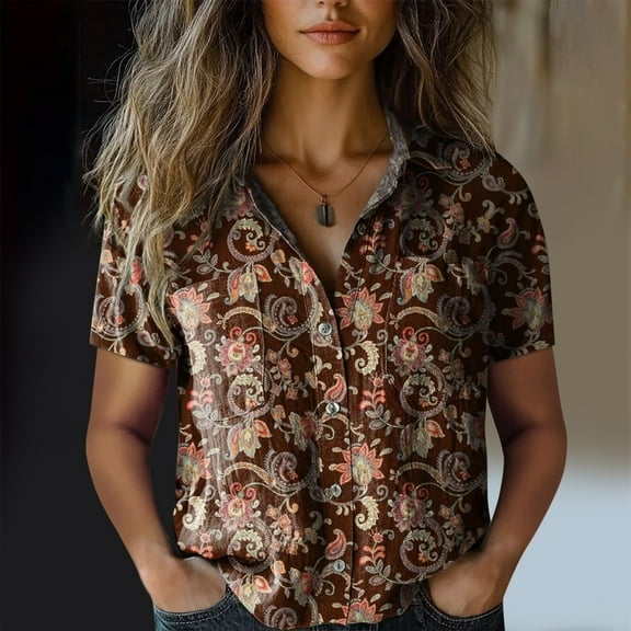 Bovemsi Women Cotton Shirt Printed Fashion Down Shirts Casual Tops Short Sleeve Blouse, Red Women's Summer Shirts, L