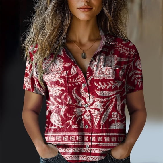 Bovemsi Women Cotton Shirt Printed Fashion Down Shirts Casual Tops Short Sleeve Blouse, Red Women's Summer Shirts, XXL
