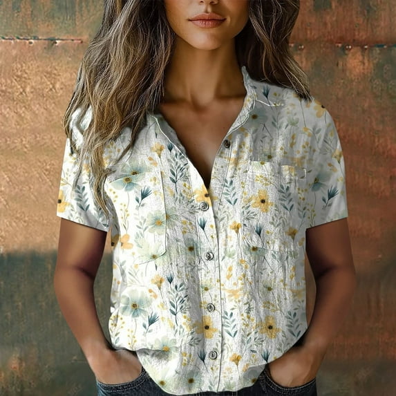 Bovemsi Women Cotton Shirt Printed Fashion Down Shirts Casual Tops Short Sleeve Blouse, White Women's Summer Shirts, M