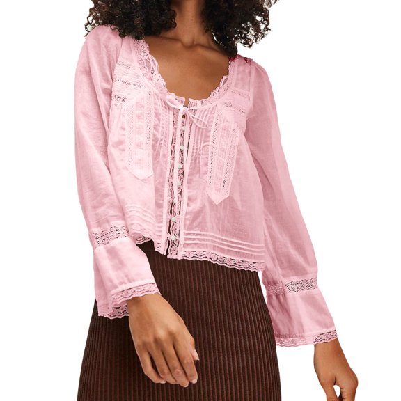 Bovemsi Women Long Sleeve Lace Blouse Tops Vacation Front Tie Solid Elegant Tops, Pink Women's Summer Shirts, L