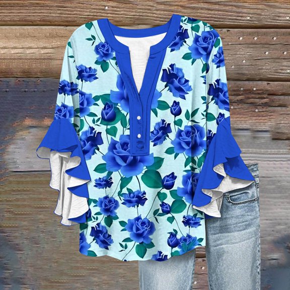 Bovemsi Women's 3/4 Sleeve V Neck Lace Trim Button Up Top - Casual Bubble Wrinkles Blouse with Relaxed Fit, Blue, S